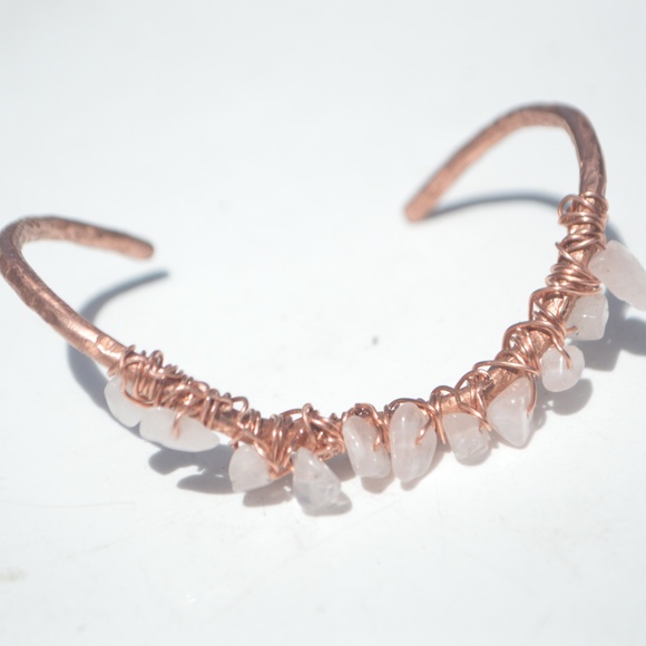 Conceptual Subculture Jewelry - Rose Quartz Copper Wire Wrap Cuff Bracelet Bangle Gemstone Natural Reiki Healing